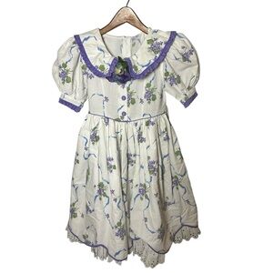 Vtg White Purple Floral Tea Dress Puff Sleeves Collar Eyelet Lace Girl’s 10/12